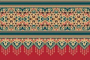 Pixel Cross Stitch Traditional Ethnic Pattern Paisley Flower Ikat Background Abstract Aztec African Indonesian Indian Seamless Pattern for Fabric Print Cloth Dress Carpet Curtains and Sarong vector