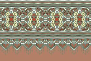 Pixel Cross Stitch Traditional Ethnic Pattern Paisley Flower Ikat Background Abstract Aztec African Indonesian Indian Seamless Pattern for Fabric Print Cloth Dress Carpet Curtains and Sarong vector