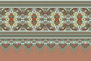 Pixel Cross Stitch Traditional Ethnic Pattern Paisley Flower Ikat Background Abstract Aztec African Indonesian Indian Seamless Pattern for Fabric Print Cloth Dress Carpet Curtains and Sarong vector