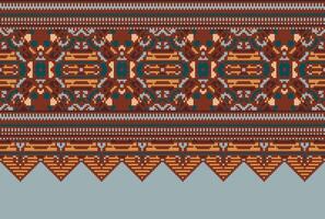 Pixel Cross Stitch pattern with Floral Designs. Traditional cross stitch needlework. Geometric Ethnic pattern, Embroidery, Textile ornamentation, fabric, Hand stitched pattern, Cultural stitching vector