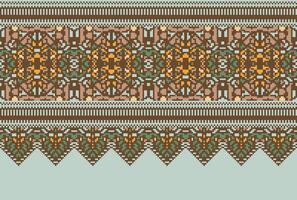 Pixel Cross Stitch pattern with Floral Designs. Traditional cross stitch needlework. Geometric Ethnic pattern, Embroidery, Textile ornamentation, fabric, Hand stitched pattern, Cultural stitching vector