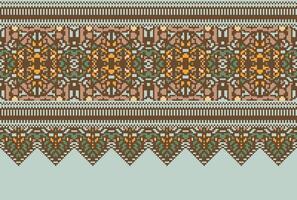 Pixel Cross Stitch pattern with Floral Designs. Traditional cross stitch needlework. Geometric Ethnic pattern, Embroidery, Textile ornamentation, fabric, Hand stitched pattern, Cultural stitching vector