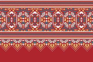 Pixel Cross Stitch pattern with Floral Designs. Traditional cross stitch needlework. Geometric Ethnic pattern, Embroidery, Textile ornamentation, fabric, Hand stitched pattern, Cultural stitching vector
