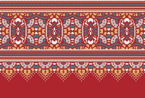 Pixel Cross Stitch pattern with Floral Designs. Traditional cross stitch needlework. Geometric Ethnic pattern, Embroidery, Textile ornamentation, fabric, Hand stitched pattern, Cultural stitching vector