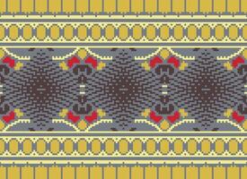 Pixel Cross Stitch Traditional Ethnic Pattern Paisley Flower Ikat Background Abstract Aztec African Indonesian Indian Seamless Pattern for Fabric Print Cloth Dress Carpet Curtains and Sarong vector