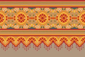 Pixel Cross Stitch Traditional Ethnic Pattern Paisley Flower Ikat Background Abstract Aztec African Indonesian Indian Seamless Pattern for Fabric Print Cloth Dress Carpet Curtains and Sarong vector