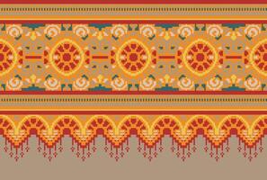 Pixel Cross Stitch Traditional Ethnic Pattern Paisley Flower Ikat Background Abstract Aztec African Indonesian Indian Seamless Pattern for Fabric Print Cloth Dress Carpet Curtains and Sarong vector