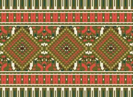 Pixel Cross Stitch Traditional Ethnic Pattern Paisley Flower Ikat Background Abstract Aztec African Indonesian Indian Seamless Pattern for Fabric Print Cloth Dress Carpet Curtains and Sarong vector