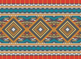 Pixel Cross Stitch Traditional Ethnic Pattern Paisley Flower Ikat Background Abstract Aztec African Indonesian Indian Seamless Pattern for Fabric Print Cloth Dress Carpet Curtains and Sarong vector