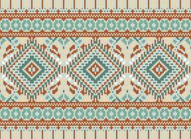 Pixel Cross Stitch Traditional Ethnic Pattern Paisley Flower Ikat Background Abstract Aztec African Indonesian Indian Seamless Pattern for Fabric Print Cloth Dress Carpet Curtains and Sarong vector