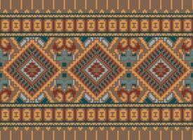 Pixel Cross Stitch Traditional Ethnic Pattern Paisley Flower Ikat Background Abstract Aztec African Indonesian Indian Seamless Pattern for Fabric Print Cloth Dress Carpet Curtains and Sarong vector