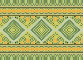 Pixel Cross Stitch Traditional Ethnic Pattern Paisley Flower Ikat Background Abstract Aztec African Indonesian Indian Seamless Pattern for Fabric Print Cloth Dress Carpet Curtains and Sarong vector