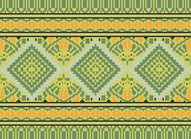 Pixel Cross Stitch Traditional Ethnic Pattern Paisley Flower Ikat Background Abstract Aztec African Indonesian Indian Seamless Pattern for Fabric Print Cloth Dress Carpet Curtains and Sarong vector