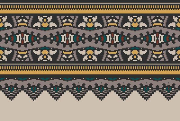 Pixel Cross Stitch pattern with Floral Designs. Traditional cross stitch needlework. Geometric Ethnic pattern, Embroidery, Textile ornamentation, fabric, Hand stitched pattern, Cultural stitching