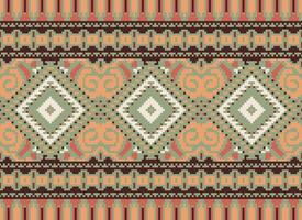 Pixel Cross Stitch Traditional Ethnic Pattern Paisley Flower Ikat Background Abstract Aztec African Indonesian Indian Seamless Pattern for Fabric Print Cloth Dress Carpet Curtains and Sarong vector