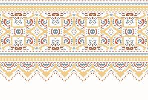 cross stitch Embroidery ethnic pattern, Vector Geometric ornate background, Cross stitch retro zigzag style, Blue and yellow pattern knitting continuous, Design for textile, fabric, digital print