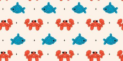 Seamless pattern with crab and fish balloons. Bright colorful repeating elements. Stock illustration. Vector seamless pattern of cute cartoon bubble animal in color.