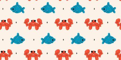 Seamless pattern with crab and fish balloons. Bright colorful repeating elements. Stock illustration. Vector seamless pattern of cute cartoon bubble animal in color.