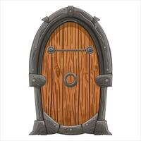 An old fairy-tale door with forged elements. A door with metal decorations. Vector illustration highlighted on a white background.