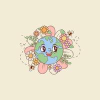 cute illustration of planet earth surrounded by flowers vector