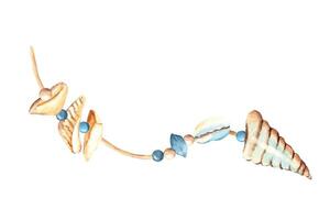 String with sea shells and stones, sea pebbles and beads. Marine design elements in pale blue yellow colors. Watercolor hand drawn illustration. vector