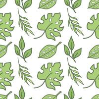 Tropical leaves seamless pattern. Hand drawn doodles isolated on white background. Colored vector design in cartoon style for fabric, scrapbooking or packaging.