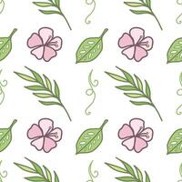 Tropical plants seamless pattern. Leaves and flowers. Hand drawn doodles isolated on white background. Colored vector design in cartoon style for fabric, scrapbooking or packaging.