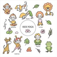 conjunto de niños yoga animal posa mono, rana, león, jirafa, perro asanas vector dibujos animados ilustración en garabatear estilo.