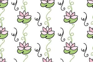 Seamless pattern with lotus and water lilies. Hand drawn doodles isolated on white background. Colored vector design in cartoon style for textile print or packaging.