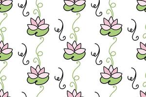 Seamless pattern with lotus and water lilies. Hand drawn doodles isolated on white background. Colored vector design in cartoon style for textile print or packaging.