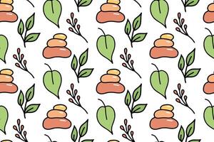 Oriental seamless pattern with tropical leaves, branches and balanced stones. Hand drawn doodles isolated on white background. Colored vector design in cartoon style for textile print or packaging.
