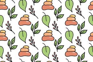 Oriental seamless pattern with tropical leaves, branches and balanced stones. Hand drawn doodles isolated on white background. Colored vector design in cartoon style for textile print or packaging.