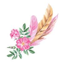 Watercolor composition from dog rose flowers, leaves, buds and pink and beige feathers. Botanical hand drawn illustration. vector