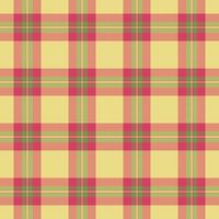 Fibre plaid fabric tartan, tradition textile background check. Velvet texture vector pattern seamless in red and lime colors.