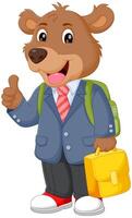 Cute Bear Cartoon Going to School Vector Illustration. Cute Bear in School Uniform with Bag