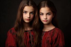 ai generado juguetón sonriente pakistaní gemelo chicas. generar ai foto