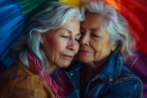 AI generated Senior lesbian couple embracing with pride flag photo