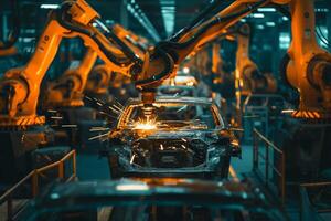 AI generated Automated robotic arms welding a car chassis on the assembly line in an industrial factory setting photo