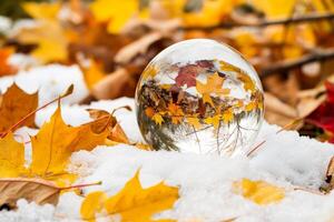 ai generado otoño reflexiones en cristal pelota en nieve foto