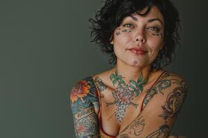 ai generado de cerca de un mujer mostrando intrincado tatuajes en su cuerpo en contra un neutral antecedentes foto