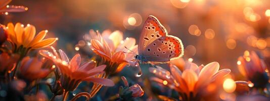 AI generated Serene butterfly perches on vibrant flowers at golden hour, with a soft bokeh backdrop photo