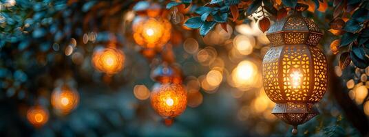 AI generated Warm glowing lanterns hanging among leaves with a magical bokeh effect photo