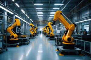 AI generated Automated Robotic Arms Assembling Products in a High-Tech Factory photo