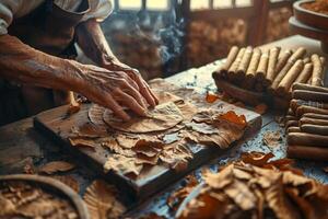 ai generado manos de un experto artesano meticulosamente laminación cigarros en un hoja de tabaco cubierto mesa foto