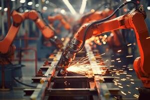 ai generado automatizado fábrica producción línea con robótico trabajadores foto