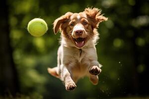 ai generado determinado perro atrapando pelota. generar ai foto