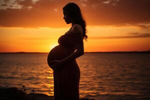 AI generated Radiant Pregnant woman sunset nature. Generate Ai photo