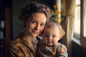 AI generated Affectionate Young mother smiling with cute baby. Generate Ai photo