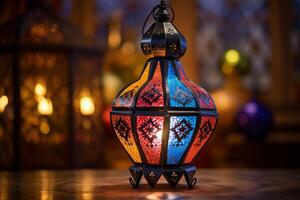 ai generado festivo Ramadán día festivo. marroquí ornamental linterna foto