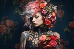 AI generated Vibrant Punk woman flowers. Generate Ai photo